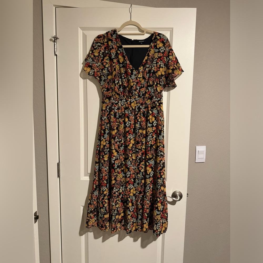 Madewell Black Floral Midi Dress with Yellow & Red Accents